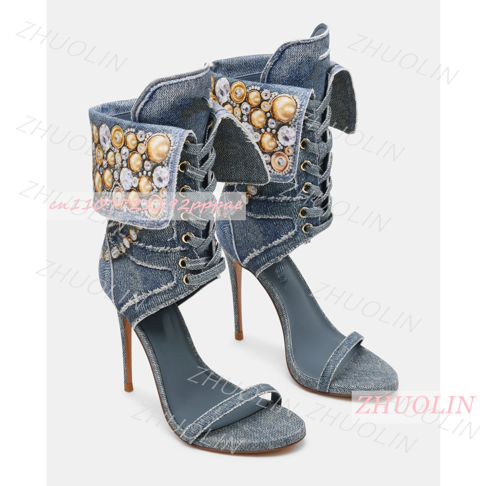 Women'S Shoes Trendy - Women Blue Denim Rhinestone Sandals Lace