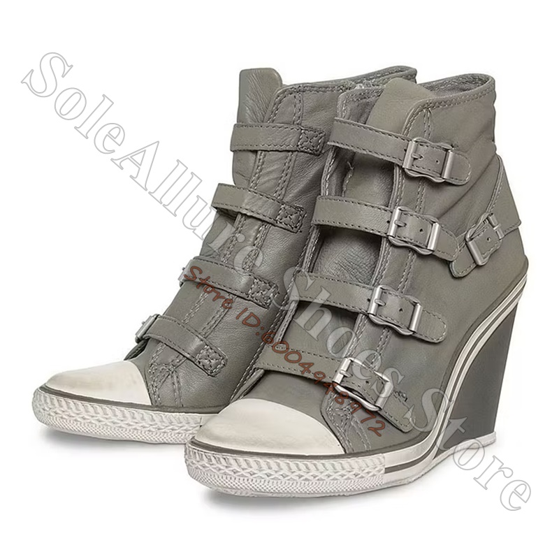 Grey Multi Buckle High Top Wed - đánh giá và giá Wedge Heeled Sneaker