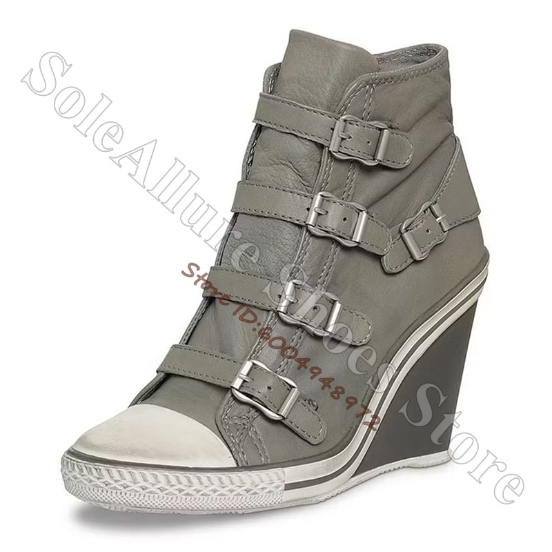 Grey Multi Buckle High Top Wed - đánh giá và giá Wedge Heeled Sneaker